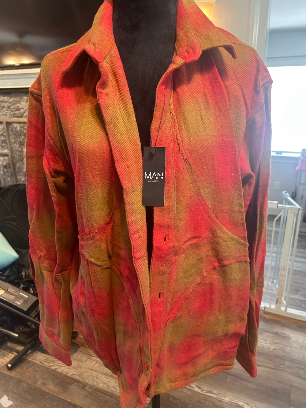 Boohoo Mens Red & Olive Green Tie-Dye Button Down Shirt Jacket